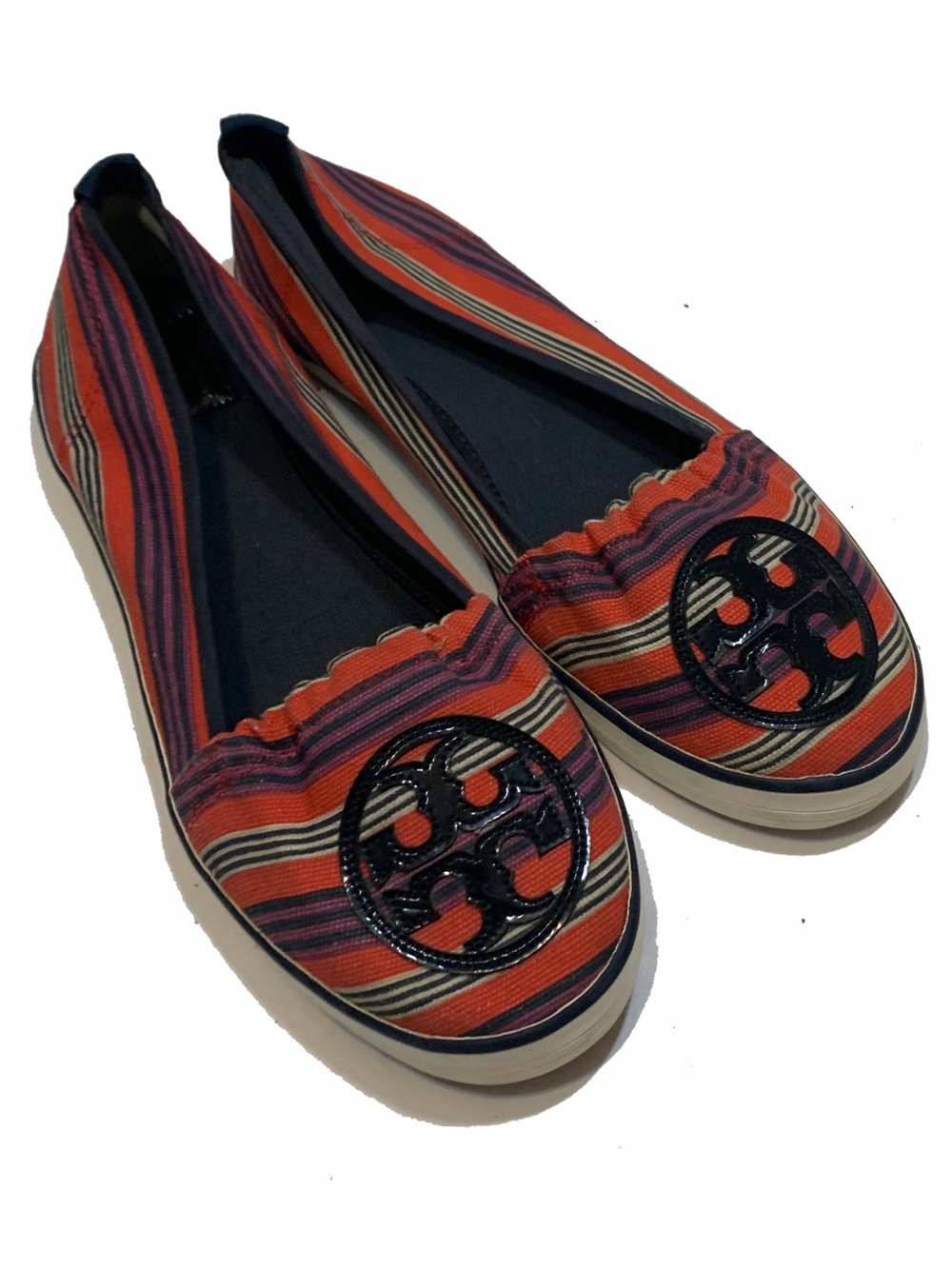 9 / Tory Burch Striped Red and Navy Slip-On Flats with Black Logo